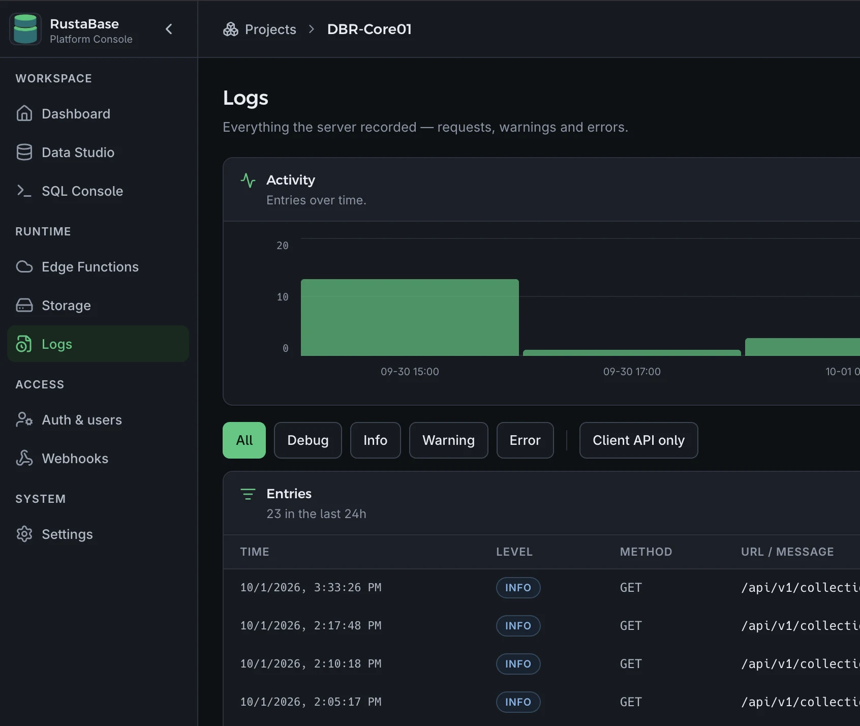 RustaBase console showing realtime logs for a managed PostgreSQL backend project